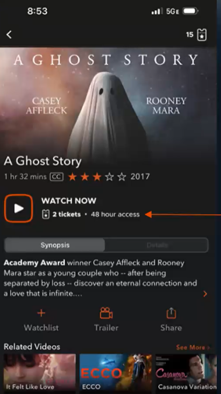 screenshot of Kanopy info screen for the movie ghost