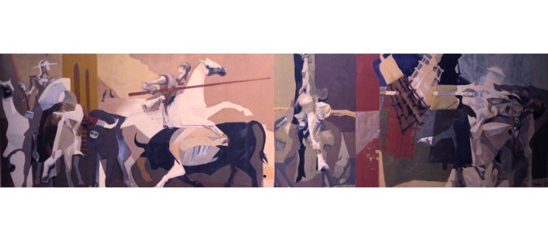 scenes from don quixote riding a horse in cubist style