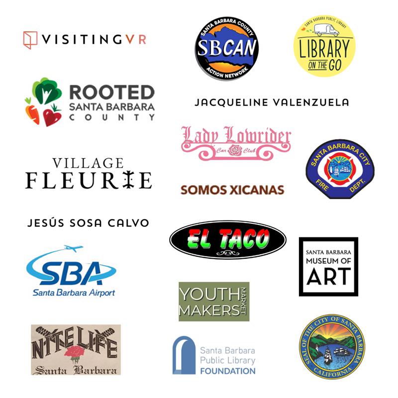 List of sponsor logos including: Visiting VR, Santa Barbara Airport, Santa Barbara County Action Network, Village Fleurie, SBPL Library on the Go, Santa Barbara Museum of Art, Santa Barbara City Fire Dept., El Taco, Jesus Sosa Calvo, Youth Makers Market, Somos Xicanas, Nite Life, Santa Barbara Public Library Foundation, City of Santa Barbara