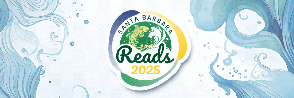 A Santa Barbara Public Library emblem including a koi fish and a wave sits between two images of the front cover of the Magic Fish by Trung Le Nguyen