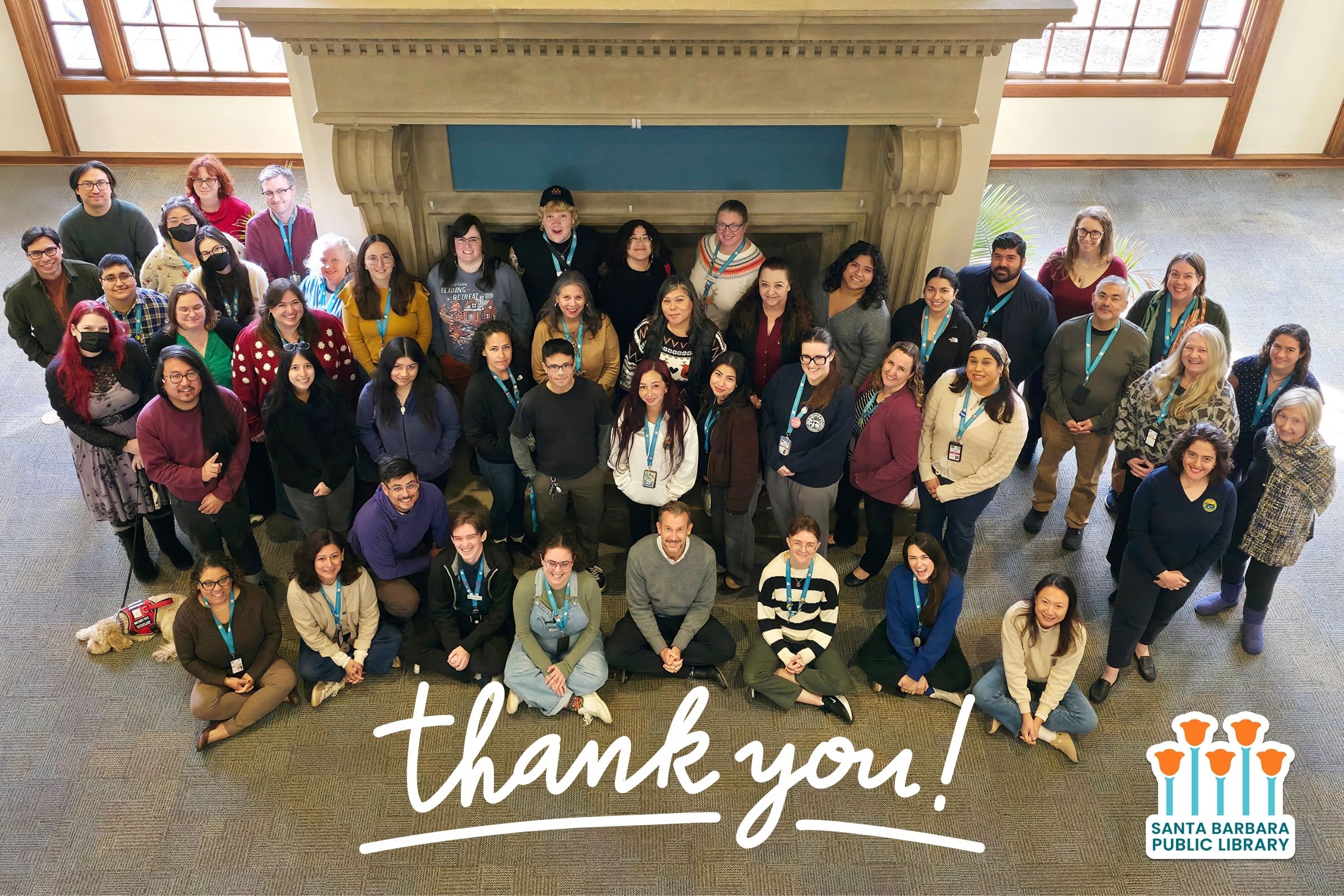 Photo of all Santa Barbara Public Library Staff. "Thank You" beneath staff photo