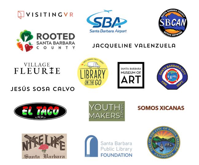 List of sponsor logos including: Visiting VR, Santa Barbara Airport, Santa Barbara County Action Network, Village Fleurie, SBPL Library on the Go, Santa Barbara Museum of Art, Santa Barbara City Fire Dept., El Taco, Jesus Sosa Calvo, Youth Makers Market, Somos Xicanas, Nite Life, Santa Barbara Public Library Foundation, City of Santa Barbara