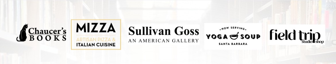 logos for Chaucer's books, mizza artisan pizza, sullivan goss, yoga soup, and field trip studio shop