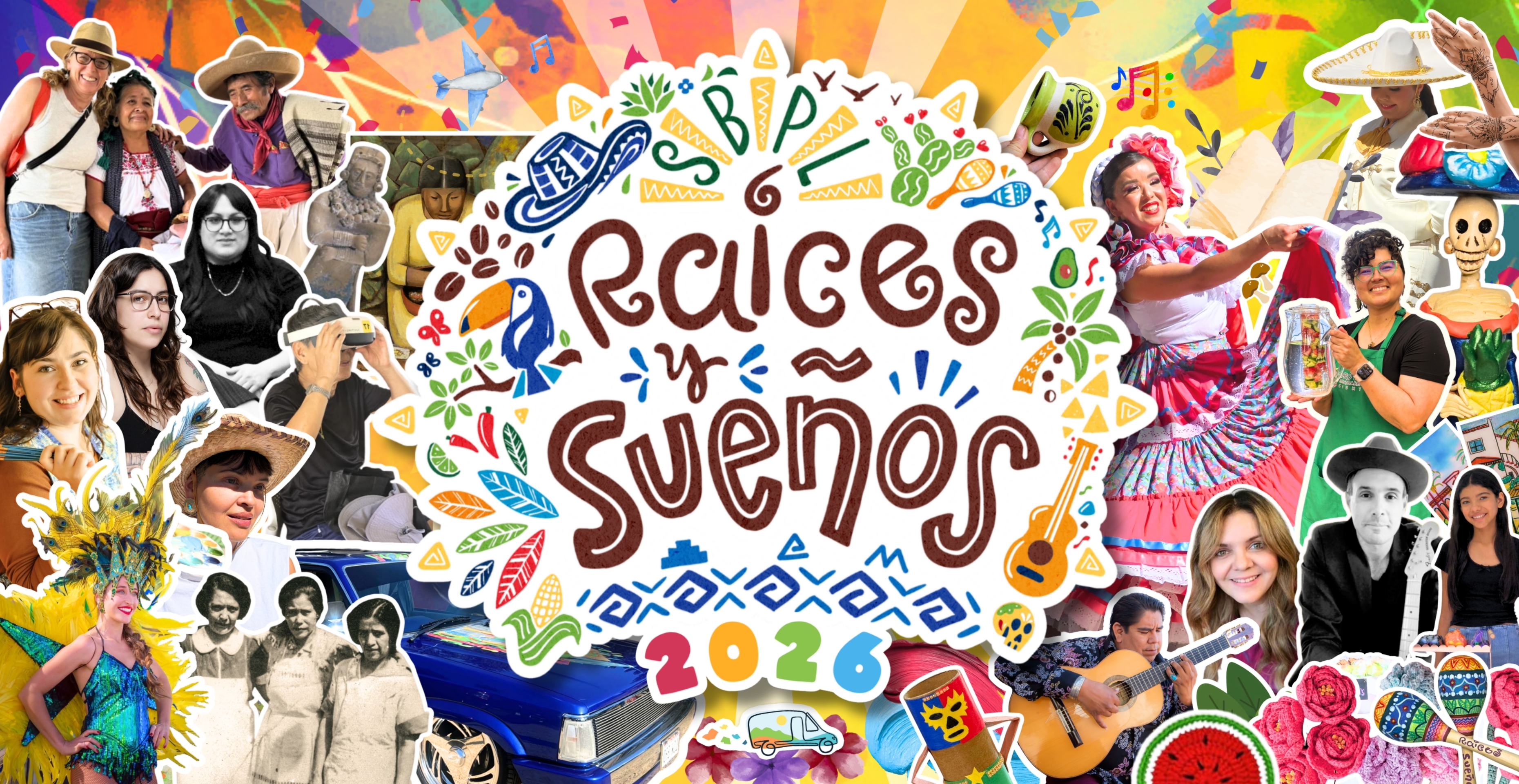 Raíces y Sueños logo over a collage of speakers, artist and event highlighting Hispanic heritage.