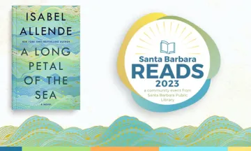 Cover of A Long Petal of the Sea and the logo for SB Reads, a community event from Santa Barbara Public Library