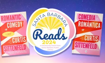 SB reads romantic comedy books in english and spanish with night sky background