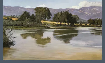 landscape painting with trees and a large lake. Rick Garcia - “Lunchtime at the Lagoon” - oil on board