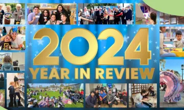 Year in Review collage with blue, silver, and gold background