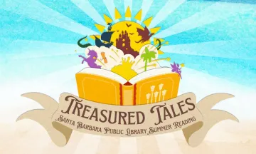 A scroll reading "Treasured Tales: Santa Barbara Public Library Summer Reading" in front of an open book. A unicorn, castle, ship, and other objects of adventure fly from the pages of the book  