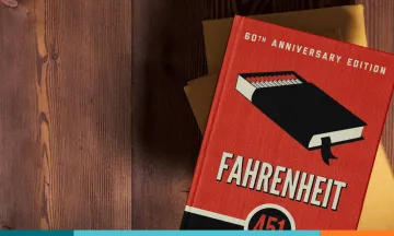Fahrenheit 451 book cover on wood boards