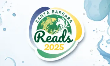A Santa Barbara Public Library emblem including a koi fish and a wave sits between two images of the front cover of the Magic Fish by Trung Le Nguyen