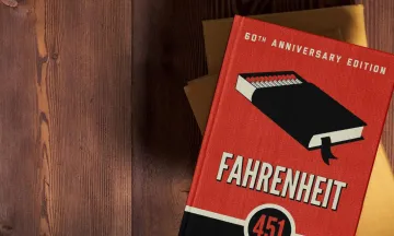 Fahrenheit 451 book cover on wood boards