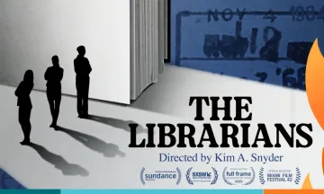 The profile of three librarians stand between the cover of a book. The title "The Librarians" Directed by Kim. A Synder sits in the foreground