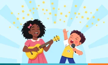 Two children playing guitar and singing