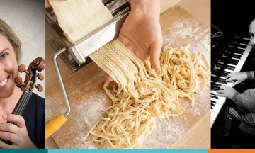 Three photos of a violinist, a hand making pasta, and a pianist side by side