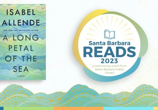 Cover of A Long Petal of the Sea and the logo for SB Reads, a community event from Santa Barbara Public Library