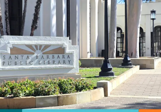 Library entrance with outdoor sign