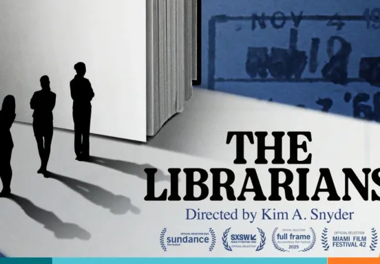 The profile of three librarians stand between the cover of a book. The title "The Librarians" Directed by Kim. A Synder sits in the foreground