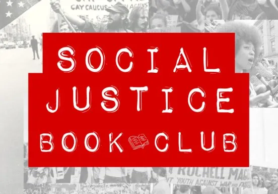 A sticker reading "Social Justice Book Club" in the forefront of collage of historical protest photos