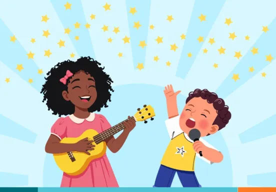 Two children playing guitar and singing