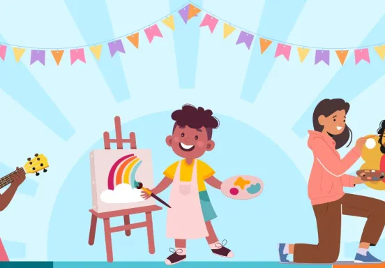 Digital art images of children playing ukulele, painting, and having their face painted