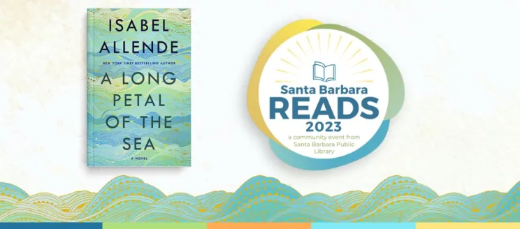 Cover of A Long Petal of the Sea and the logo for SB Reads, a community event from Santa Barbara Public Library