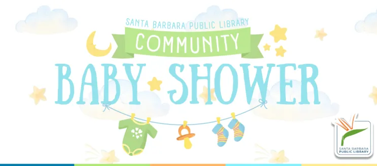 SBPL Community Baby Shower logo featuring stars and baby items with a light blue background