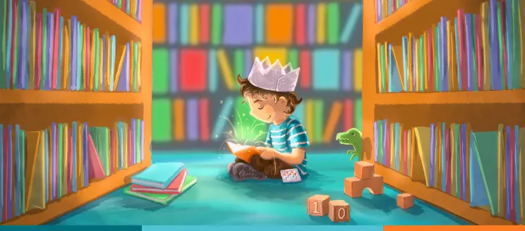 Drawing of child reading between shelves