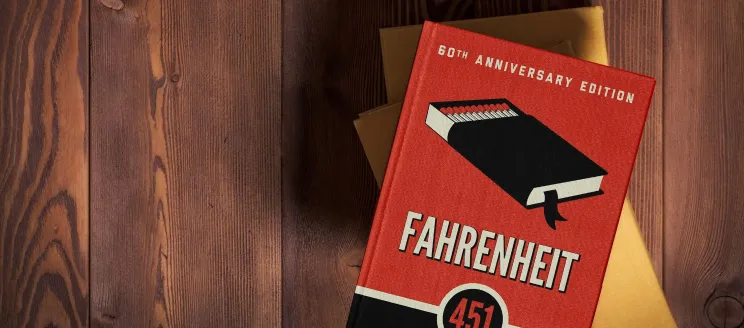Fahrenheit 451 book cover on wood boards