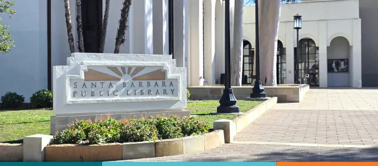 Library entrance with outdoor sign