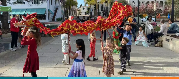 Children playing with Lunar New Year dragon