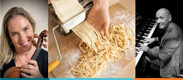 Three photos of a violinist, a hand making pasta, and a pianist side by side