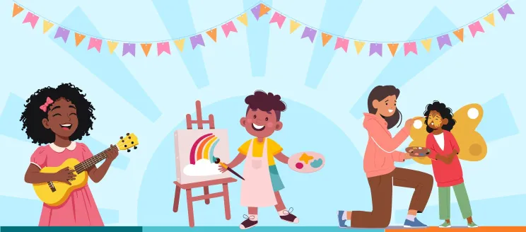 Digital art images of children playing ukulele, painting, and having their face painted