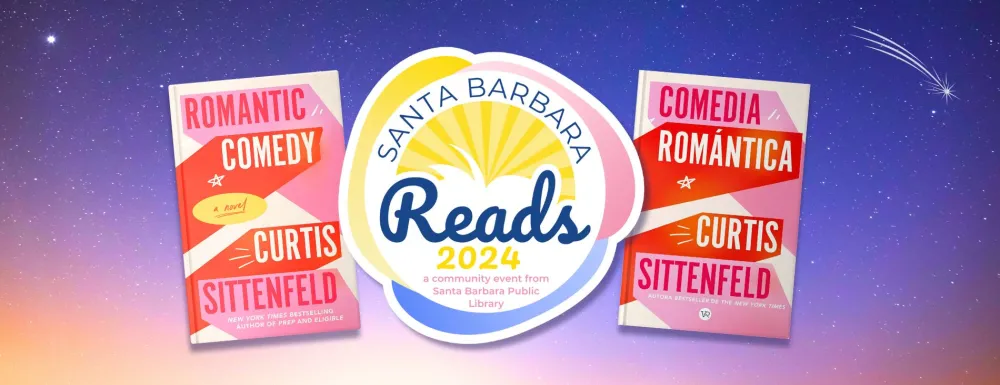 SB reads romantic comedy books in english and spanish with night sky background