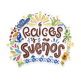 Logo reading "Raices y Suenos" surrounded by symbols of latin america including instruments, food, and wildlife
