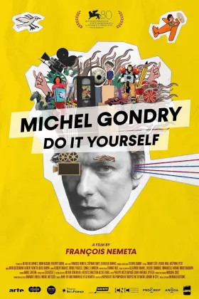 collage of Michel Gondry collaborators and past projects spilling from his head